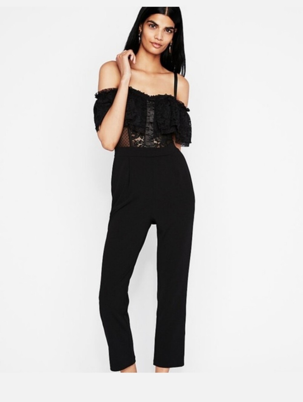 Express black lace off-the-shoulder jumpsuit featuring a sheer dot and lace